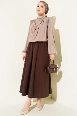Cepli Beli Lastikli Düz Etek Kahve - Etek