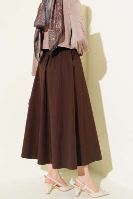 Cepli Beli Lastikli Düz Etek Kahve - Etek
