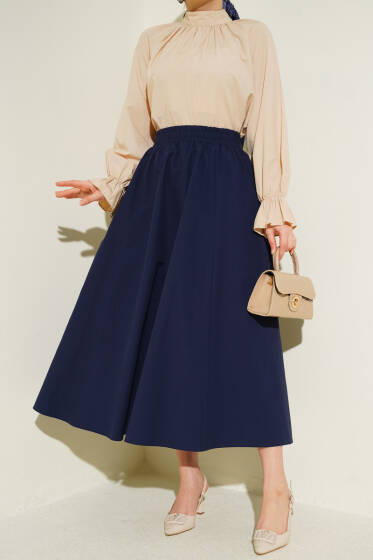Cepli Beli Lastikli Düz Etek Lacivert - Etek