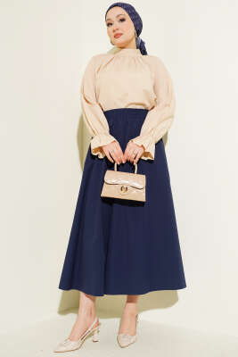 Cepli Beli Lastikli Düz Etek Lacivert - Etek