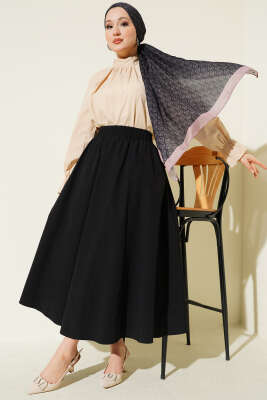 Cepli Beli Lastikli Düz Etek Siyah - Etek