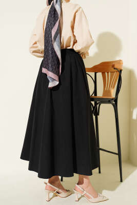 Cepli Beli Lastikli Düz Etek Siyah - Etek