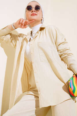 Cepli Çizgi Desen Takım Bej - İKİLİ TAKIM