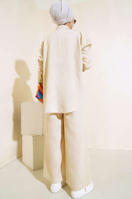 Cepli Çizgi Desen Takım Bej - İKİLİ TAKIM