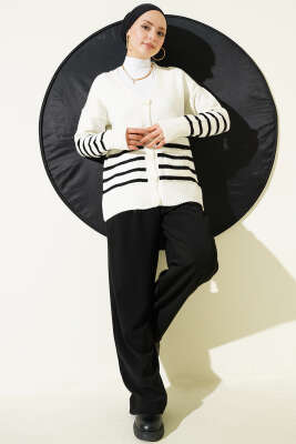 Cepli Çizgi Detaylı Triko Hırka Ekru - Hırka