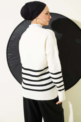 Cepli Çizgi Detaylı Triko Hırka Ekru - Hırka