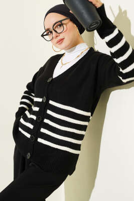 Cepli Çizgi Detaylı Triko Hırka Siyah - HELLIE