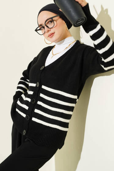 Cepli Çizgi Detaylı Triko Hırka Siyah - Hırka