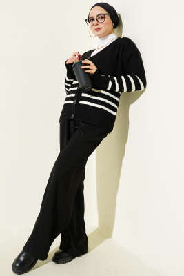 Cepli Çizgi Detaylı Triko Hırka Siyah - Hırka