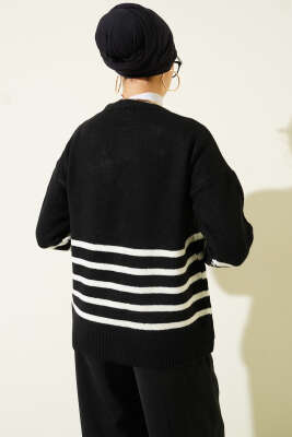 Cepli Çizgi Detaylı Triko Hırka Siyah - Hırka