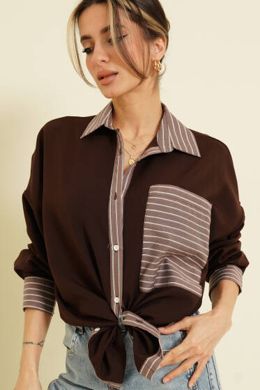 Cepli Çizgi Garnili Gömlek Kahve - Kadın Giyim Modelleri