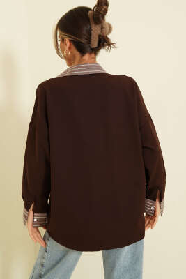 Cepli Çizgi Garnili Gömlek Kahve - Kadın Giyim Modelleri