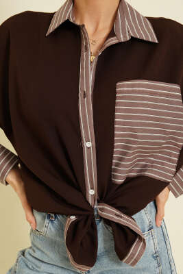 Cepli Çizgi Garnili Gömlek Kahve - Kadın Giyim Modelleri