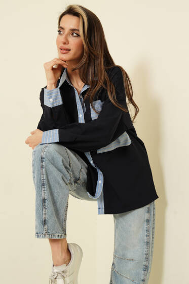 Cepli Çizgi Garnili Gömlek Lacivert - Kadın Giyim Modelleri