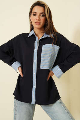 Cepli Çizgi Garnili Gömlek Lacivert - Kadın Giyim Modelleri