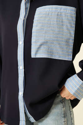 Cepli Çizgi Garnili Gömlek Lacivert - Kadın Giyim Modelleri