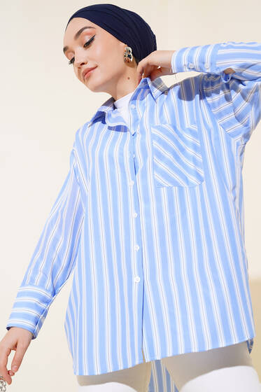Cepli Çizgili Gömlek Mavi - Gömlek