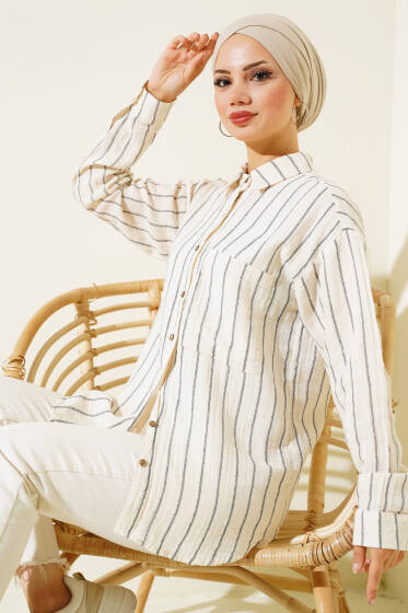 Cepli Çizgili Müslin Gömlek Siyah - Gömlek