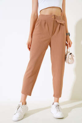 Cepli Çizgili Pantolon Camel - Kadın Giyim Modelleri