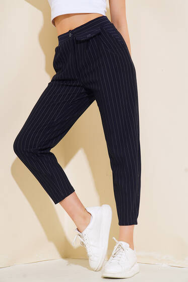 Cepli Çizgili Pantolon Lacivert - Kadın Giyim Modelleri