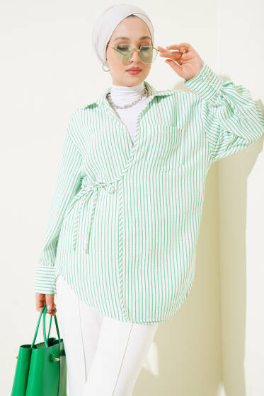 Cepli Çizgili Yandan İp Bağlamalı Kimono Yeşil - Dış Giyim&Mont