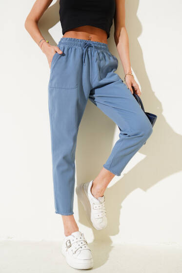 Cepli Dar Paça Gabardin Pantolon İndigo - Kadın Giyim Modelleri