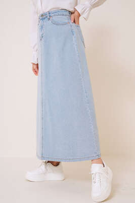 Cepli Denim Etek Buz Mavisi - Uzun Etek