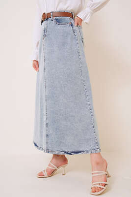 Cepli Denim Etek Kot Mavisi - Uzun Etek