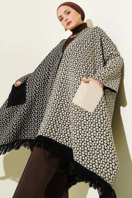 Cepli Desenli Püsküllü Triko Panço Taş - ULUDAĞ TRİKO