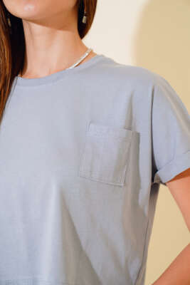 Cepli Duble Kol Kısa T-shirt Kayrak Grisi - Kadın Giyim Modelleri