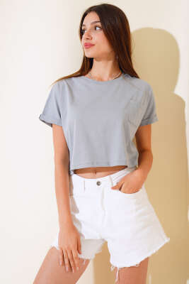 Cepli Duble Kol Kısa T-shirt Kayrak Grisi - Kadın Giyim Modelleri