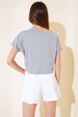 Cepli Duble Kol Kısa T-shirt Kayrak Grisi - Kadın Giyim Modelleri