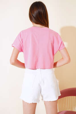 Cepli Duble Kol Kısa T-shirt Pembe - Kadın Giyim Modelleri