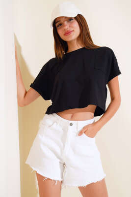 Cepli Duble Kol Kısa T-shirt Siyah - Kadın Giyim Modelleri