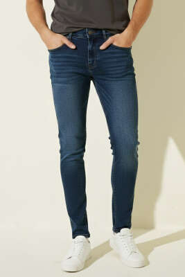 Cepli Düğmeli Likralı Erkek Kot Pantolon Koyu Mavi - DEEP BROWN