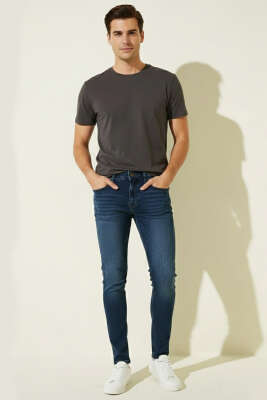 Cepli Düğmeli Likralı Erkek Kot Pantolon Koyu Mavi - Erkek Jean