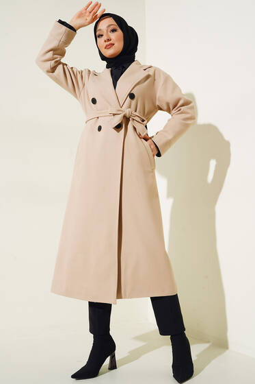 Cepli Düğmeli Uzun Kaşe Kaban Bej - Kaban