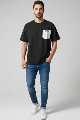  Cepli Enjeksiyon Baskı Erkek Tshirt Siyah - Yılın Fırsatı