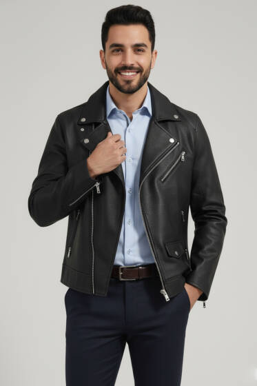 Cepli Fermuarlı Deri Ceket Siyah - Erkek Ceket
