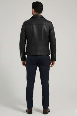 Cepli Fermuarlı Deri Ceket Siyah - Erkek Ceket
