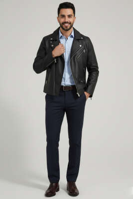 Cepli Fermuarlı Deri Ceket Siyah - Erkek Ceket