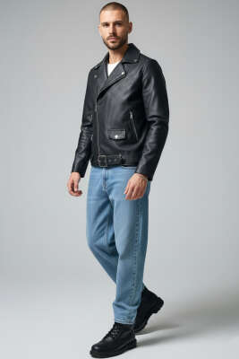 Cepli Fermuarlı Deri Ceket Siyah - Erkek Ceket
