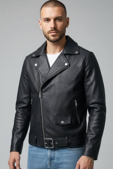 Cepli Fermuarlı Deri Ceket Siyah - Erkek Ceket