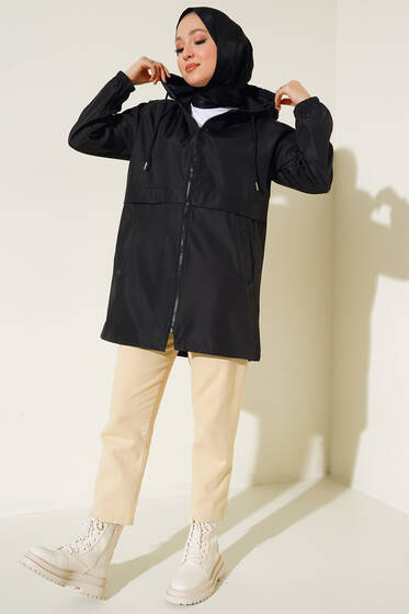 Cepli Fermuarlı Kapüşonlu Trençkot Siyah - Trençkot
