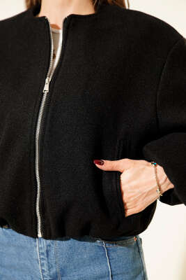 Cepli Fermuarlı Kısa Kaşe Ceket Siyah - Kadın Giyim Modelleri