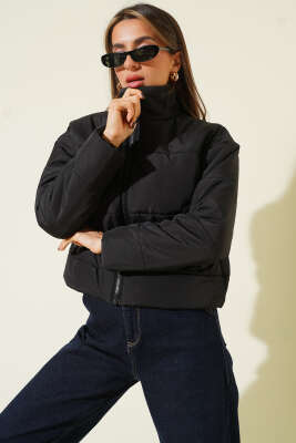 Cepli Fermuarlı Kısa Şişme Mont Siyah - Kadın Giyim Modelleri