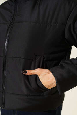 Cepli Fermuarlı Kısa Şişme Mont Siyah - Kadın Giyim Modelleri