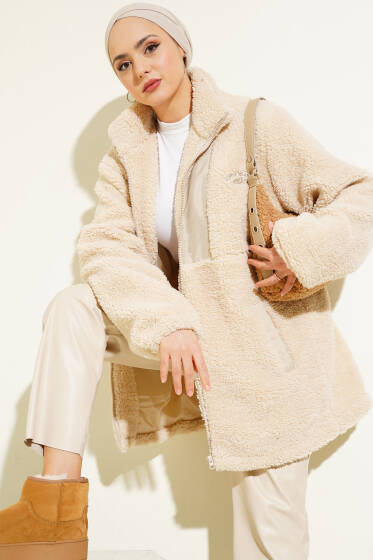 Cepli Fermuarlı Peluş Mont Bej - Mont