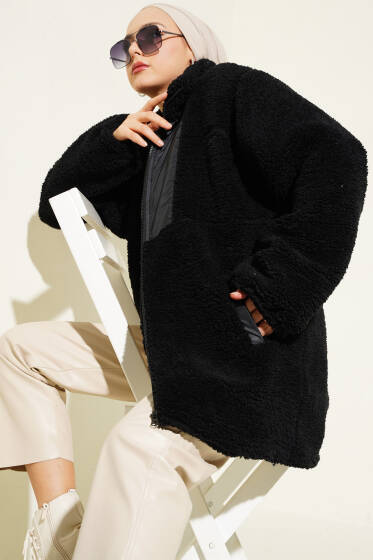 Cepli Fermuarlı Peluş Mont Siyah - Mont