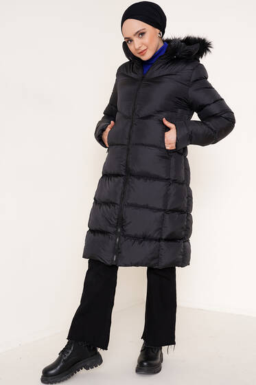 Cepli Fermuarlı Şişme Mont Siyah - Mont